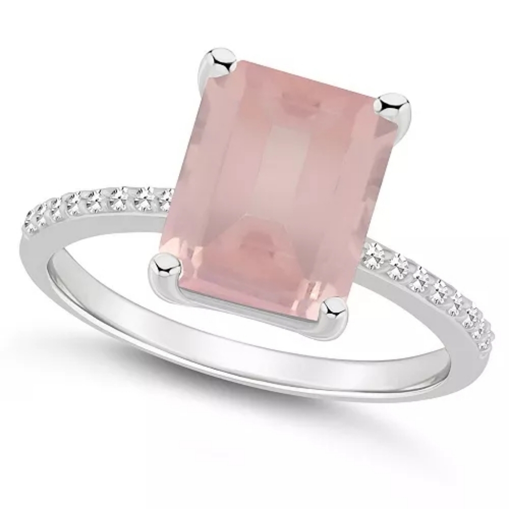 Sterling Silver Ring with Pink Rose Quartz Emerald-Cut Gemstone and Pavé Band